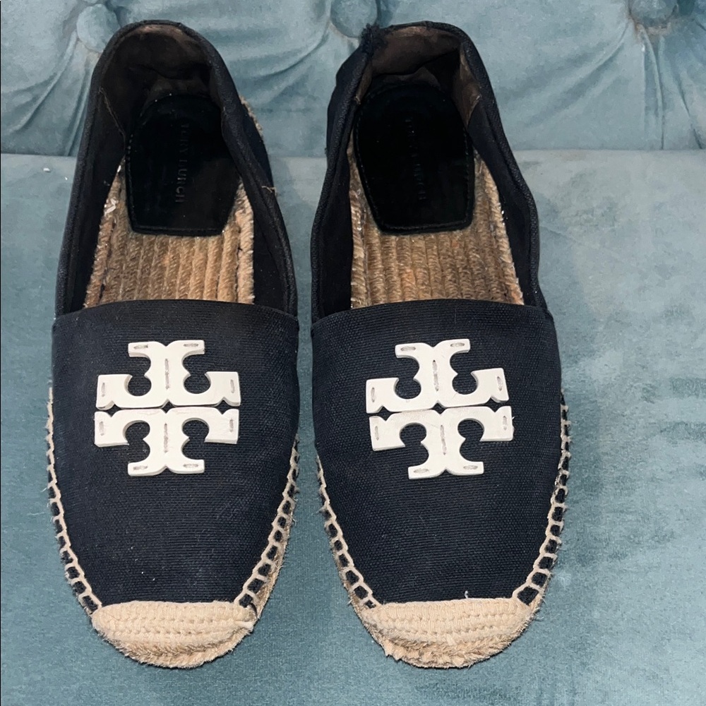 Tory Burch midnight blue Canvas Espadrille Flats with White Logo